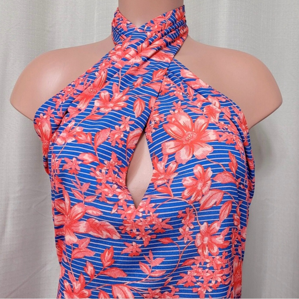 Belle Badgley Mischka Womens Delilah Halter Dress Size 2 Floral Coral Blue